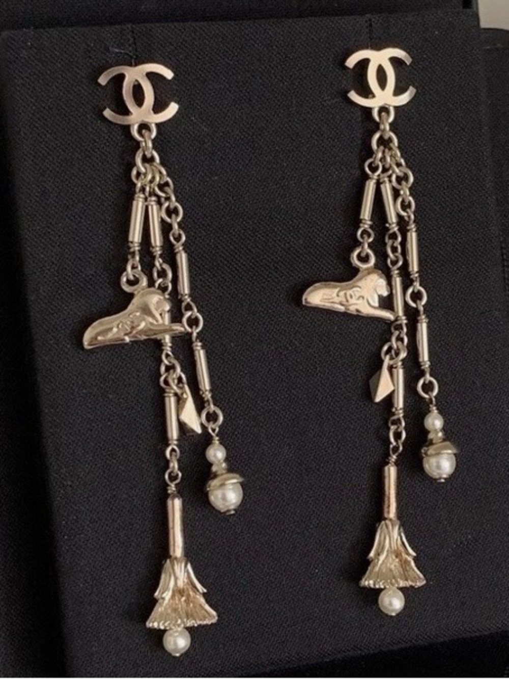 Double C Swing Drop Wild Cat, Lion, Sphinx Pearl Motif Gold Tone Earrings